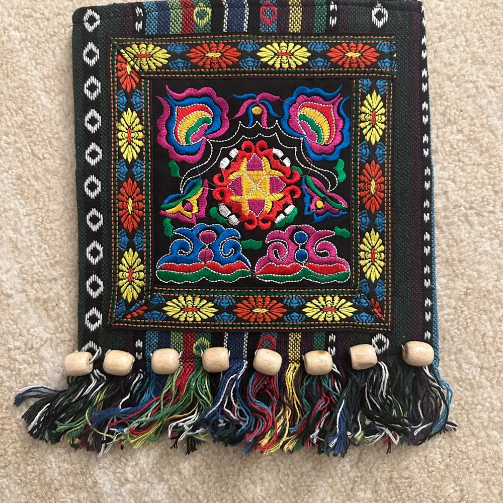 Colorful Embroidered Tapestry with Tassels